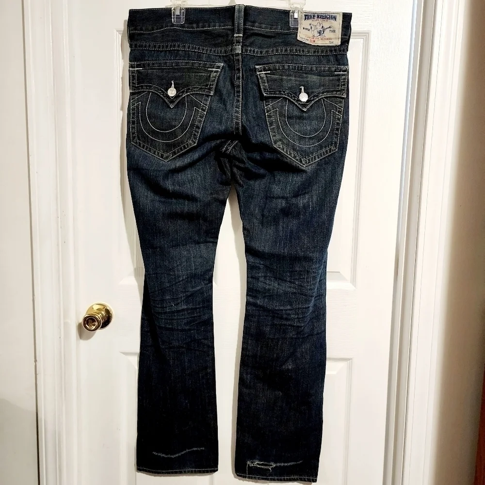 True Religion Men's Denim Blue Jeans Size 36 Slim 100% Cotton Distressed Ripped
